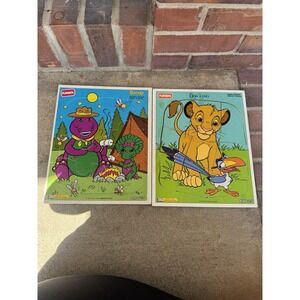 Lot Of 2 Vintage Playskool Board Puzzles Barney/ Lion King